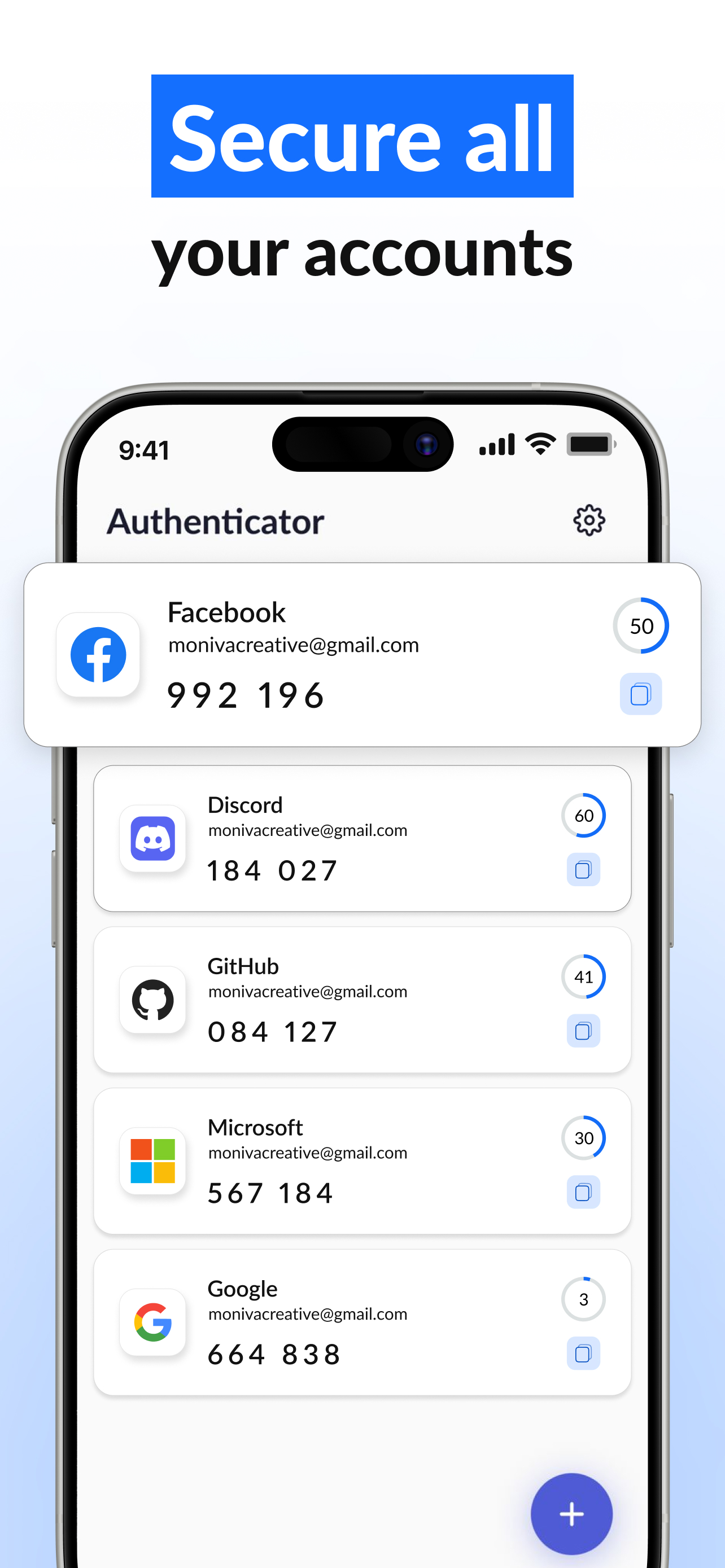 Auth 2FA home screen showing live two-factor codes